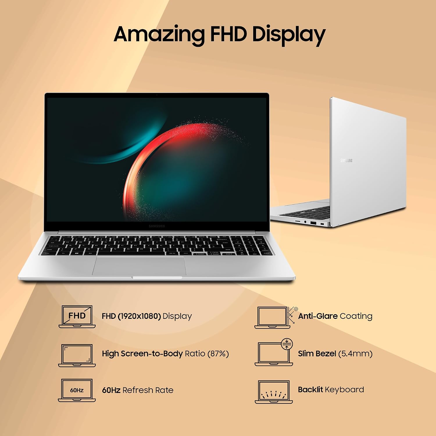 A silver laptop shown open and closed on a warm beige background with marketing text reading 'Amazing FHD Display' and feature callouts for FHD display, anti-glare coating, high screen-to-body ratio, slim bezel, and backlit keyboard.