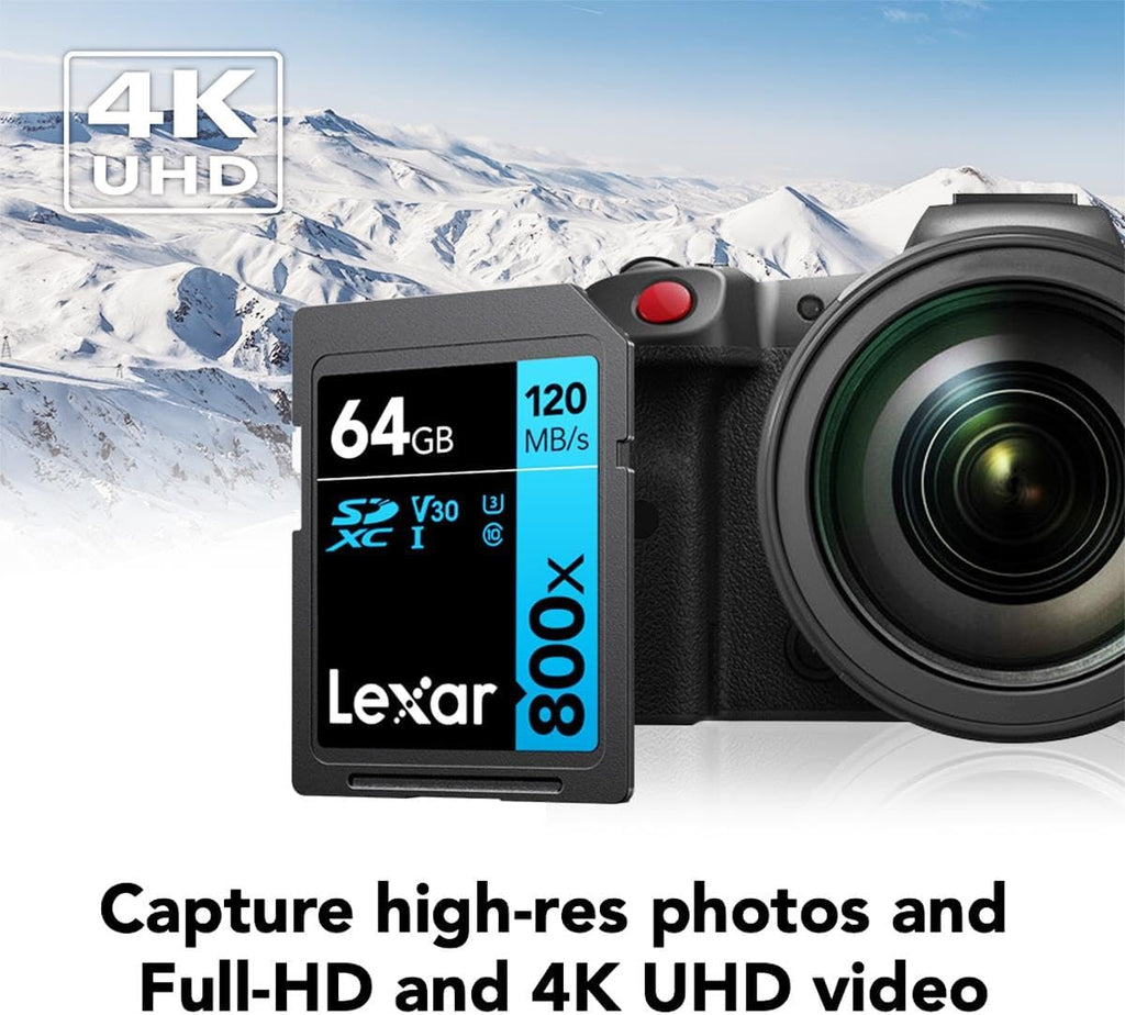 Lexar  High-Performance 800x PRO SD Card, UHS-I, C10, U3, V30, 4K, Up to 150MB/s Read SDXC Memory Card, for Point-and-Shoot & Mid-Range DSLR Cameras, HD Camcorders (LSD0800P128G-BNNNU)