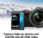 Lexar  High-Performance 800x PRO SD Card, UHS-I, C10, U3, V30, 4K, Up to 150MB/s Read SDXC Memory Card, for Point-and-Shoot & Mid-Range DSLR Cameras, HD Camcorders (LSD0800P128G-BNNNU)
