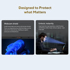 Promotional graphic for a privacy webcam shield, featuring two panels: one showing a sliding privacy overlay over a Windows 11 desktop with the text 'Webcam shield,' and another showing a man using a laptop with blue laser-like lines projecting screen content, with the text 'Unlock, instantly.' The top header reads 'Designed to Protect what Matters.