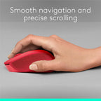 A hand holding a red wireless mouse over a gray surface, with text at the top reading 'Smooth navigation and precise scrolling'.