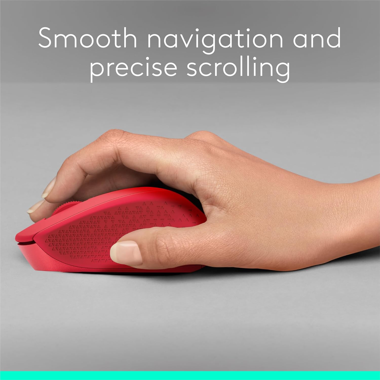 A hand holding a red wireless mouse over a gray surface, with text at the top reading 'Smooth navigation and precise scrolling'.