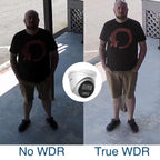 A side-by-side comparison showing a man standing outdoors under a porch, labeled 'No WDR' on the left in darker tones and 'True WDR' on the right in brighter, more accurate tones. A white dome security camera inset is centered between the two photos to suggest the product being demonstrated.