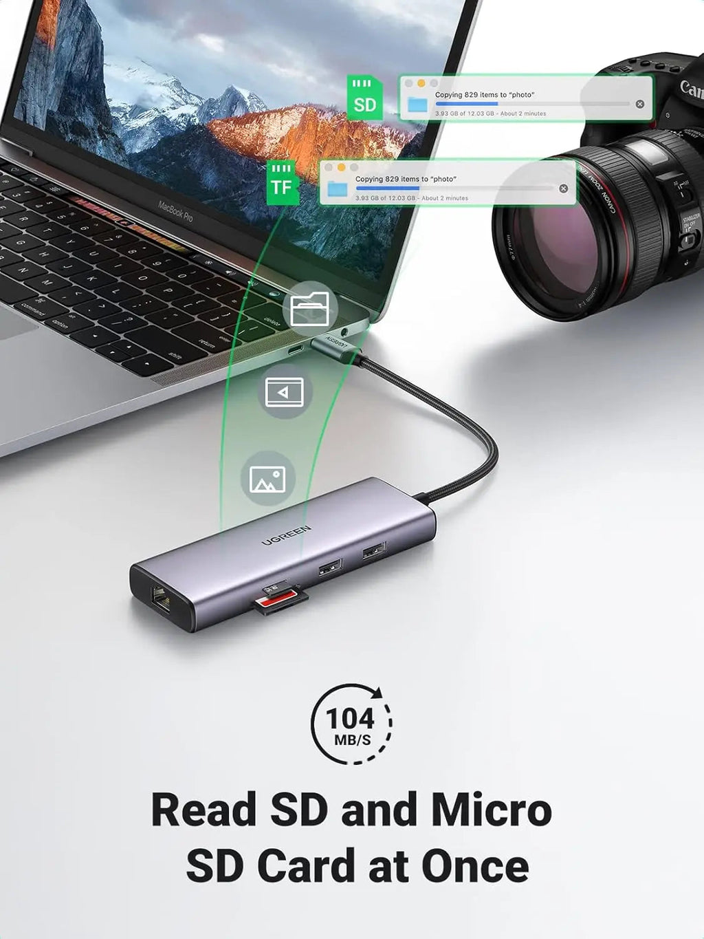 UGREEN 9-in-1 Dual HDMI USB-C Dock USB 2.0 2 USB 3.0 RJ45 1000M USB C PD 60W 2 HDMI 4K 60Hz SD/TF MacBook Dell XPS (90119)