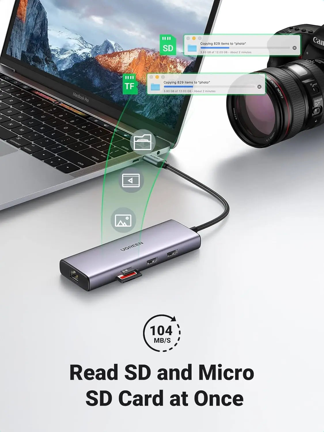 UGREEN 9-in-1 Dual HDMI USB-C Dock USB 2.0 2 USB 3.0 RJ45 1000M USB C PD 60W 2 HDMI 4K 60Hz SD/TF MacBook Dell XPS (90119)