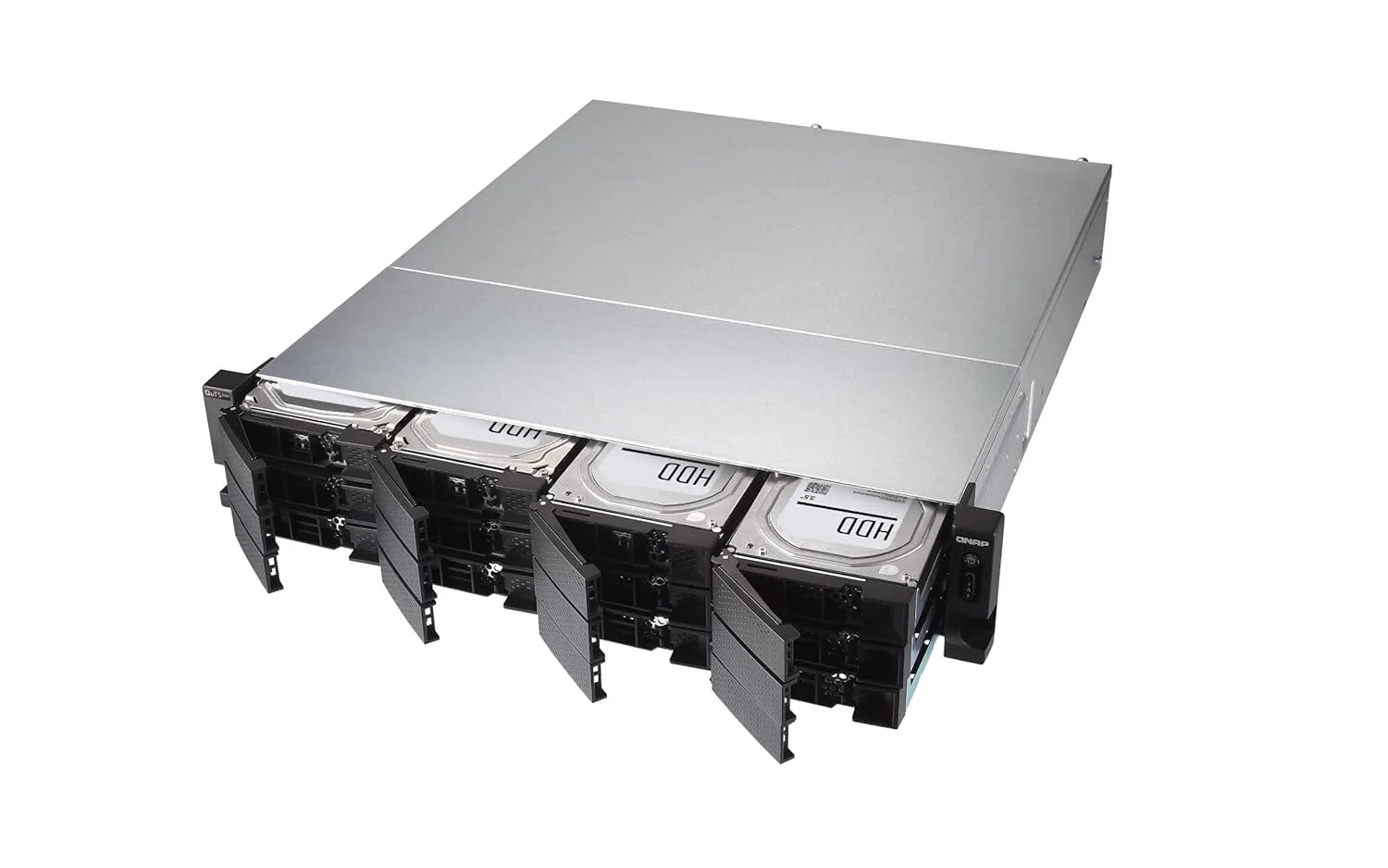 Server rack with multiple hard drive bays on a white background
