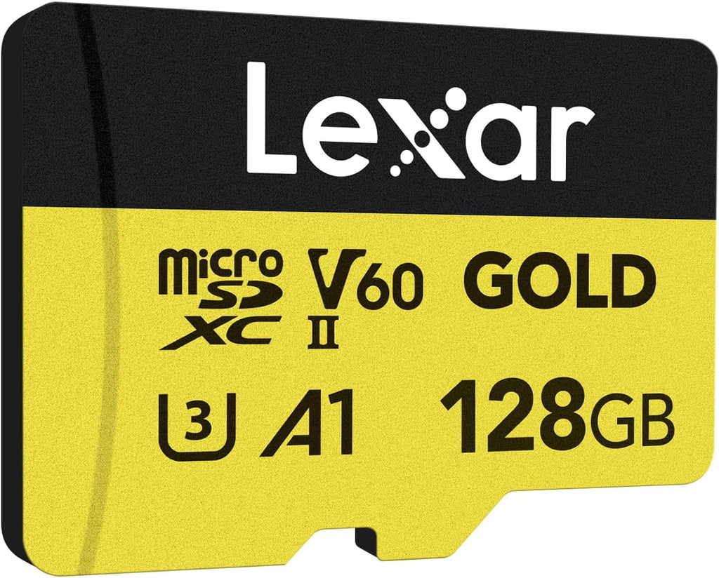 Lexar 128GB Professional Gold Micro SD Card, UHS-II, C10, U3, V60, A1, Full HD, 4K, Up to 280/100 MB/s microSDXC Memory Card, for Drones, Action Cameras, Portable Gaming Devices (LMSGOLD128G-BNNNG)