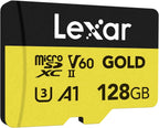 Lexar 128GB Professional Gold Micro SD Card, UHS-II, C10, U3, V60, A1, Full HD, 4K, Up to 280/100 MB/s microSDXC Memory Card, for Drones, Action Cameras, Portable Gaming Devices (LMSGOLD128G-BNNNG)