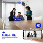 A promotional graphic for a built-in microphone security camera. The top half shows a conference room scene with three business people around a table, a ceiling-mounted white security camera, and a blue soundwave icon.