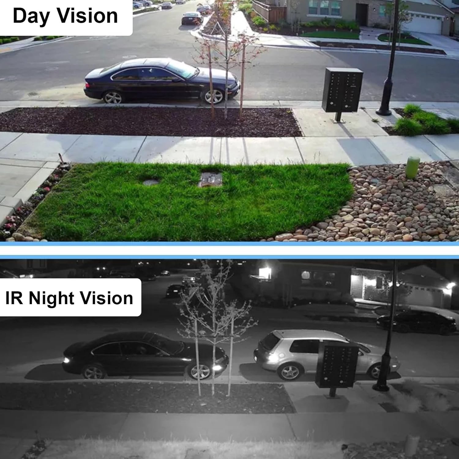 A split comparison showing a suburban street scene in normal daylight on the top half and in infrared night vision on the bottom half. The top image is labeled 'Day Vision' and shows a dark sedan parked on the street with a landscaped lawn, trees, driveway, and mailbox.