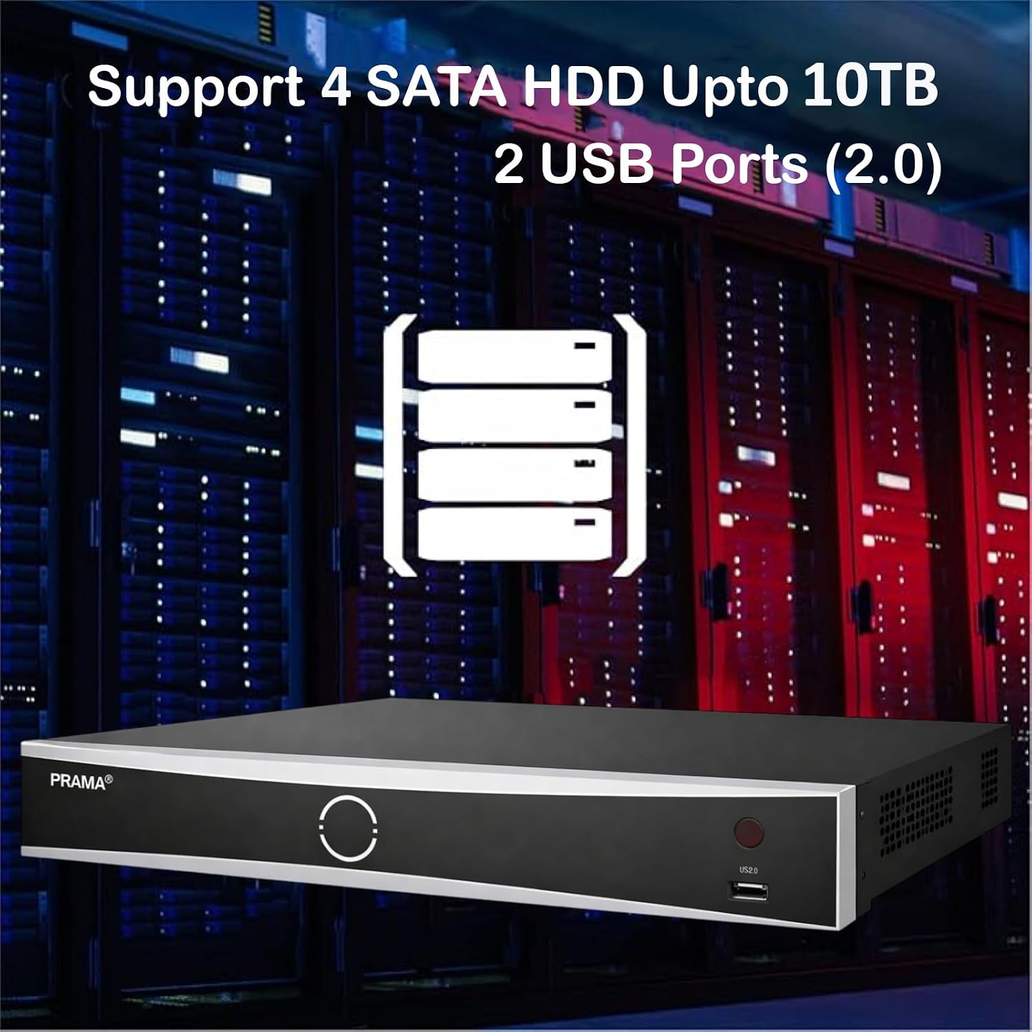 Prama 8-channel network security DVR with 2 SATA HDDs up to 10TB and 2 USB 2.0 ports, shown in front of a server rack background with text overlay.
