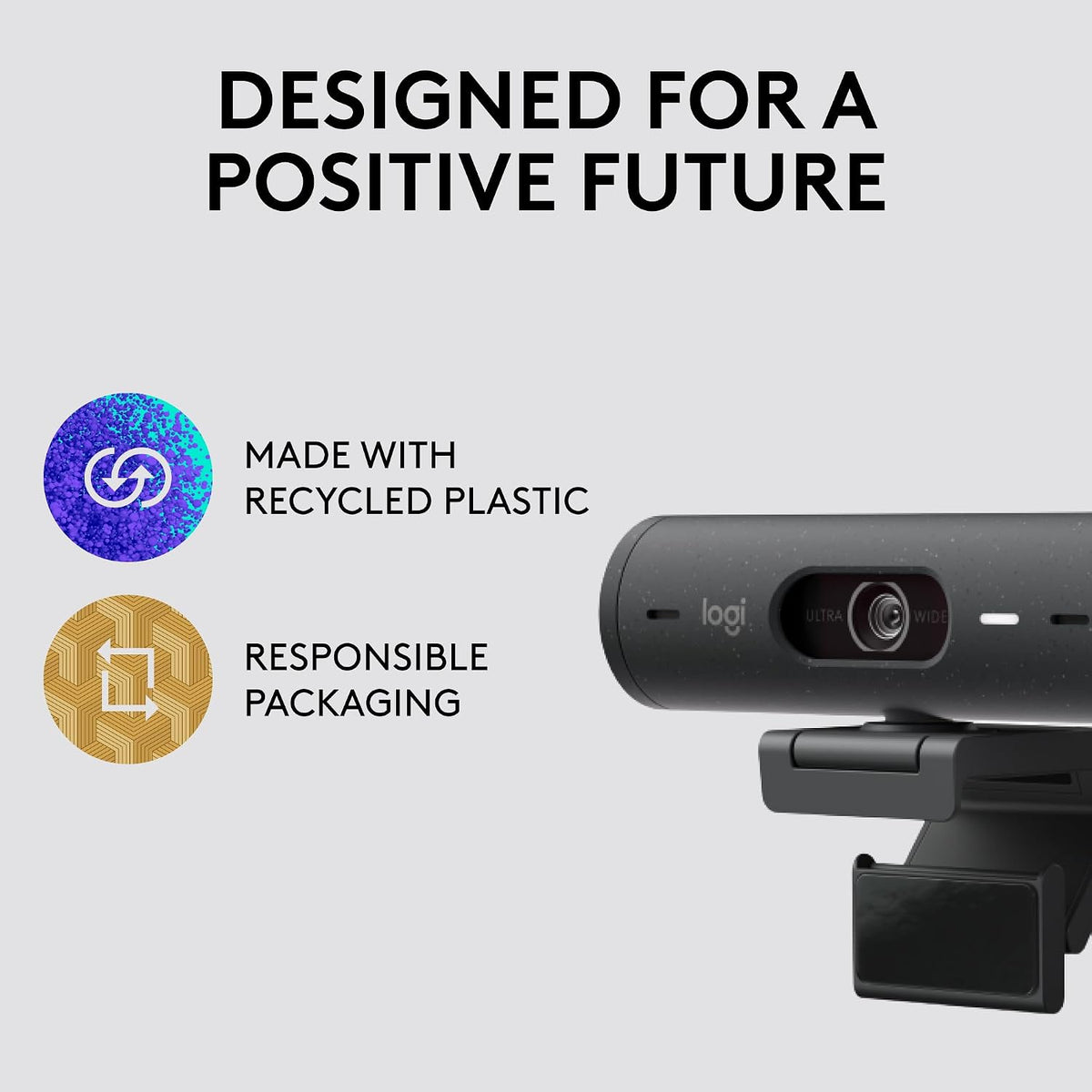 Logitech webcam with sustainability features on a light gray background