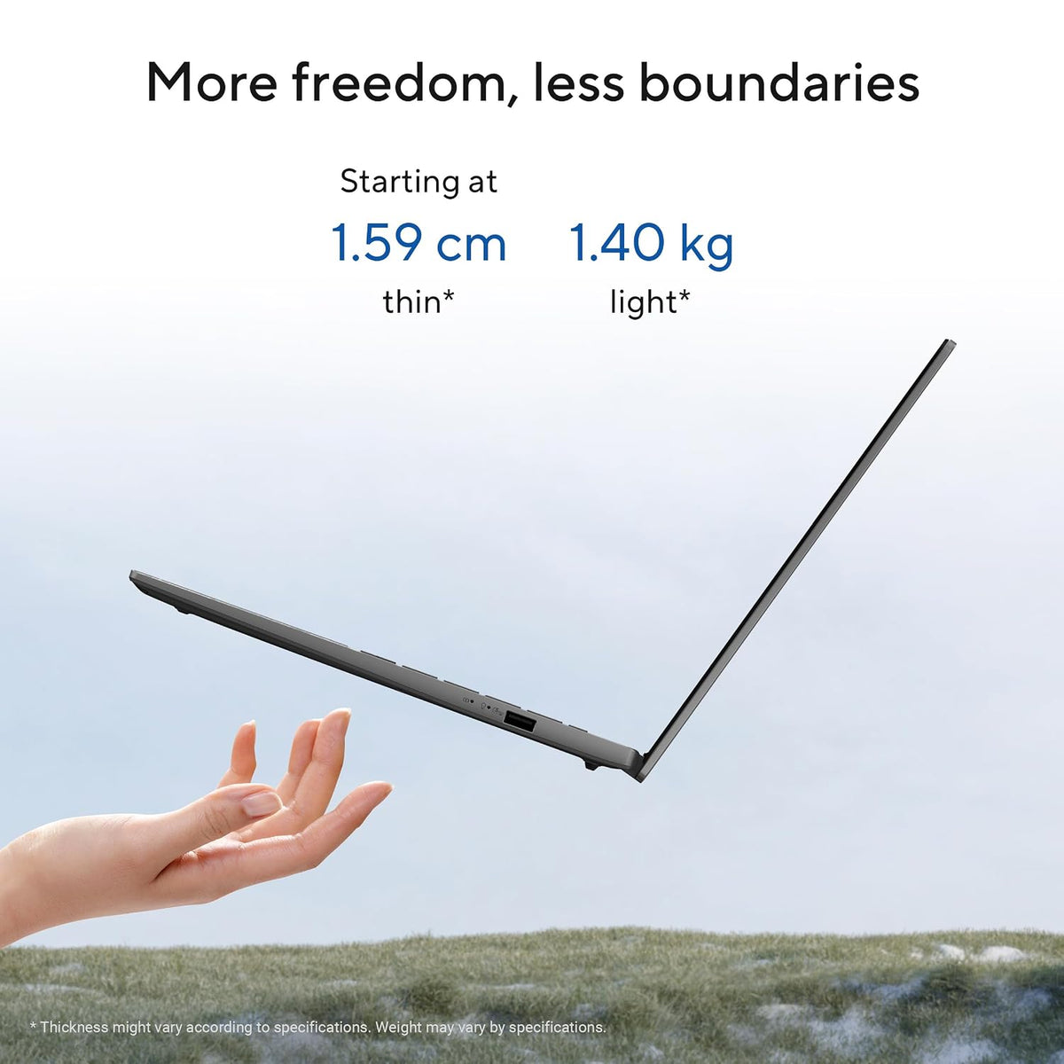 A laptop shown open and floating against a pale sky background, with a human hand reaching toward it. Text at the top reads 'More freedom, less boundaries' and 'Starting at 1.