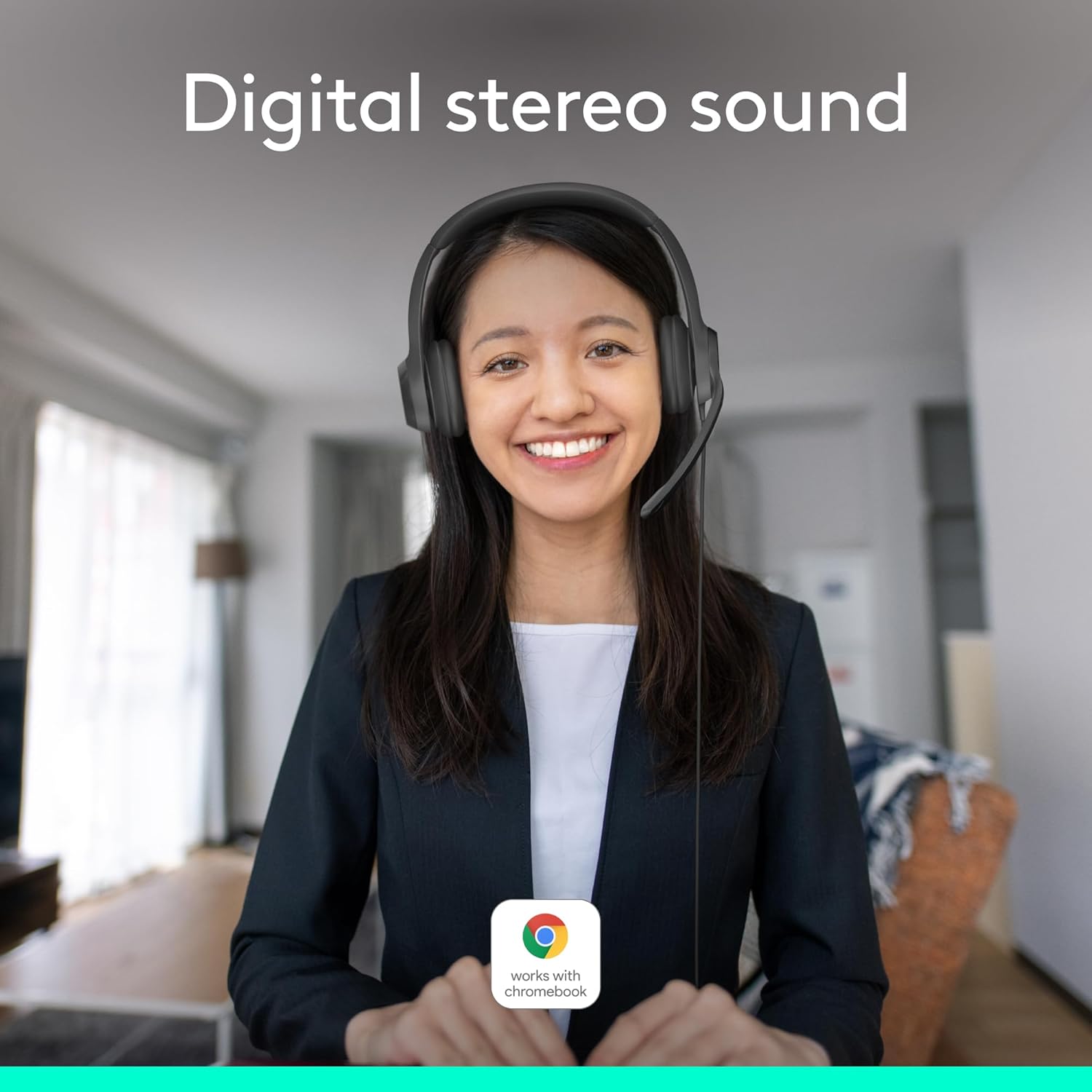 Woman wearing headphones with 'Digital stereo sound' text and Google Assistant logo.
