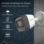A PRAMAI outdoor security camera shown mounted on a wall, with marketing text on the left highlighting weatherproof design, IP67 waterproofing, sun protection, cold resistance, and dustproofing.
