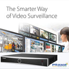PRAMA video surveillance NVR system shown in the foreground with multiple monitor screens displaying security footage in the background, alongside the text 'The Smarter Way of Video Surveillance' and a woman at the right.