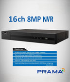 PRAMA 16-channel 8MP NVR security recorder shown on a light gray textured background with blue text and a features box below.