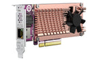 A 20-pin PCIe optical transceiver card with a copper-colored heatsink, a black cooling fan, and a purple circuit board, shown on a solid white background.