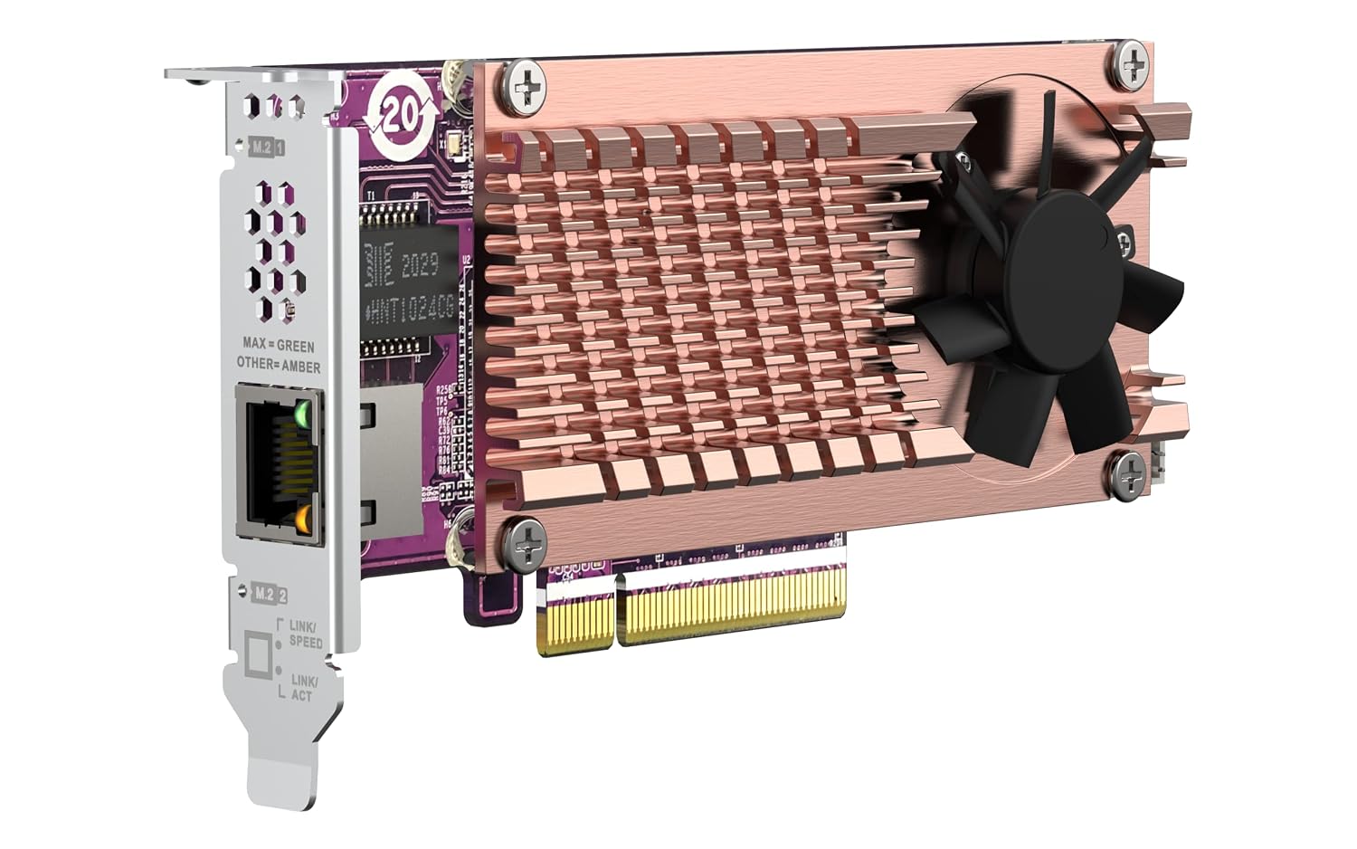 A 20-pin PCIe optical transceiver card with a copper-colored heatsink, a black cooling fan, and a purple circuit board, shown on a solid white background.