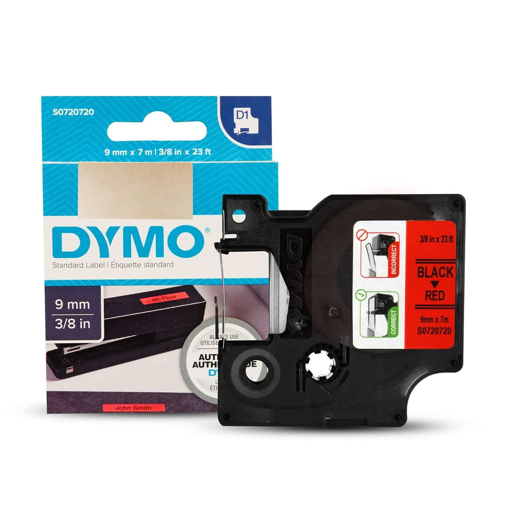 DYMO AUTHENTIC D1 LABELS, 9MM X 7M ROLL, BLACK PRINT ON RED TAPE, SELF-ADHESIVE LABELS FOR LABELMANAGER & MOBILELABELER LABEL PRINTERS