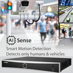 A PRAMA DVR security video recorder shown with two mounted cameras above it and on-screen sample surveillance feeds. Text reads 'AI Sense' and 'Smart Motion Detection Detects only humans & vehicles'.