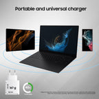 A portable universal charger shown with a laptop, tablet, and smartphone on a light gray background. The charger is depicted as a white wall plug with a circular inset showing 167 g and 40% faster charging in 30 mins.