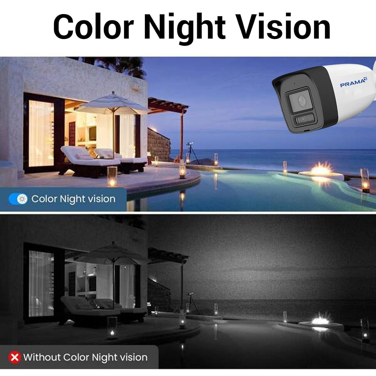 A promotional comparison graphic for a security camera's color night vision feature. The top half shows a color view of a modern villa and pool at dusk, with a white and black PRAMAR security camera floating in the upper right.