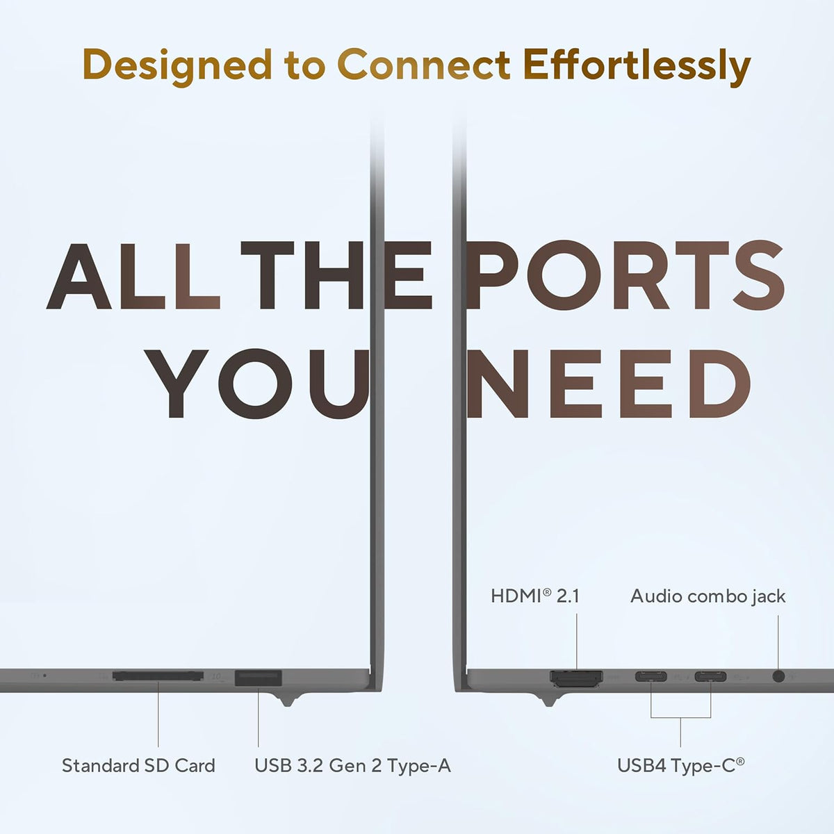 Promotional graphic for a laptop showing two laptop halves side by side with text reading 'Designed to Connect Effortlessly' and 'ALL THE PORTS YOU NEED.' Labels below indicate included ports: Standard SD Card, USB 3.