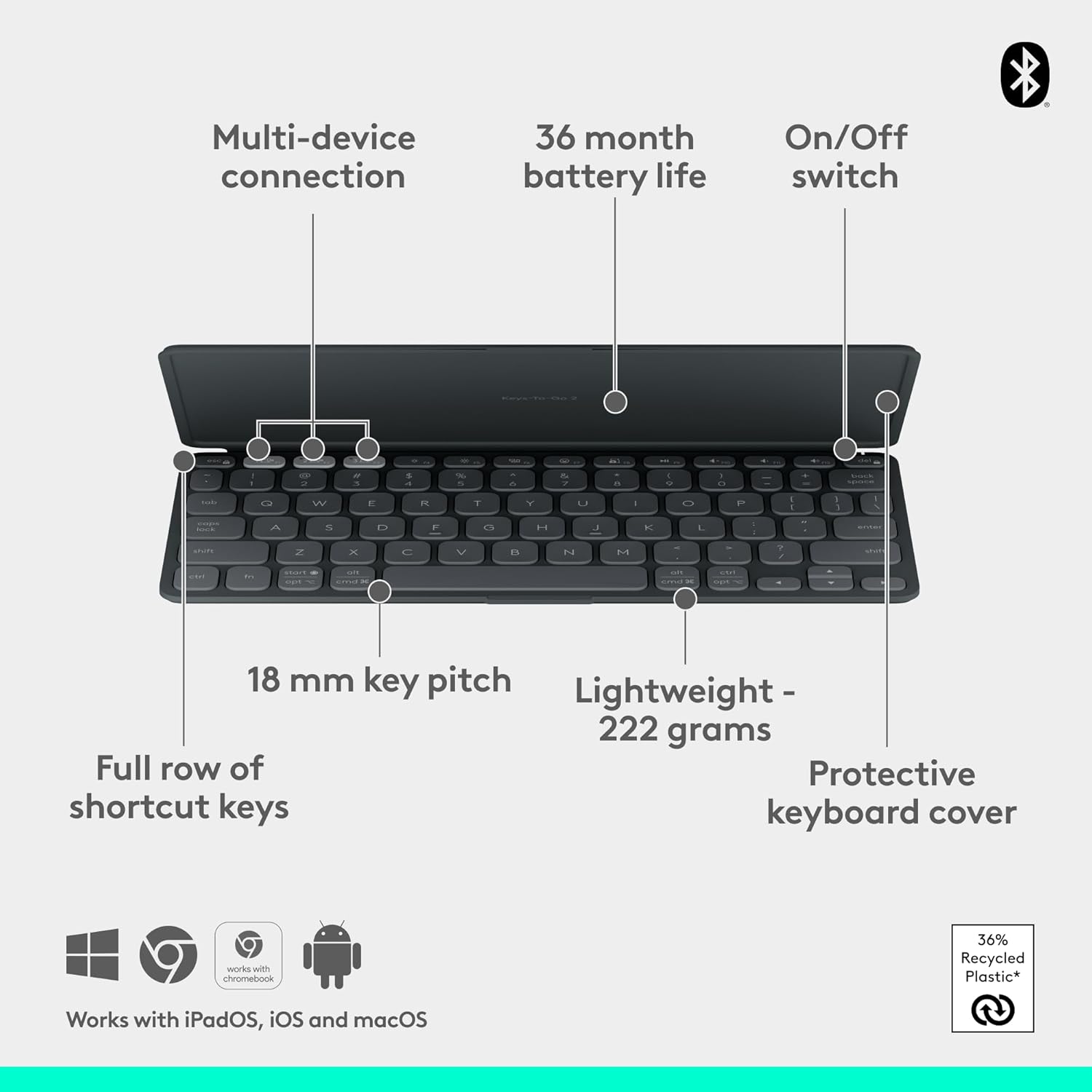 Logitech Keys-To-Go 2 Portable Bluetooth Tablet Keyboard with Built-in Cover - Graphite