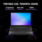 A black portable laptop speaker system shown on a dark background with promotional text reading 'PORTABLE SIZE. POWERFUL SOUND.