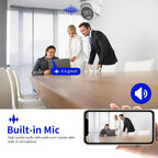 A promotional graphic for a built-in conference room security camera with audio capabilities. The main scene shows three business people around a laptop at a wooden conference table, with a blue soundwave graphic near a wall-mounted camera.