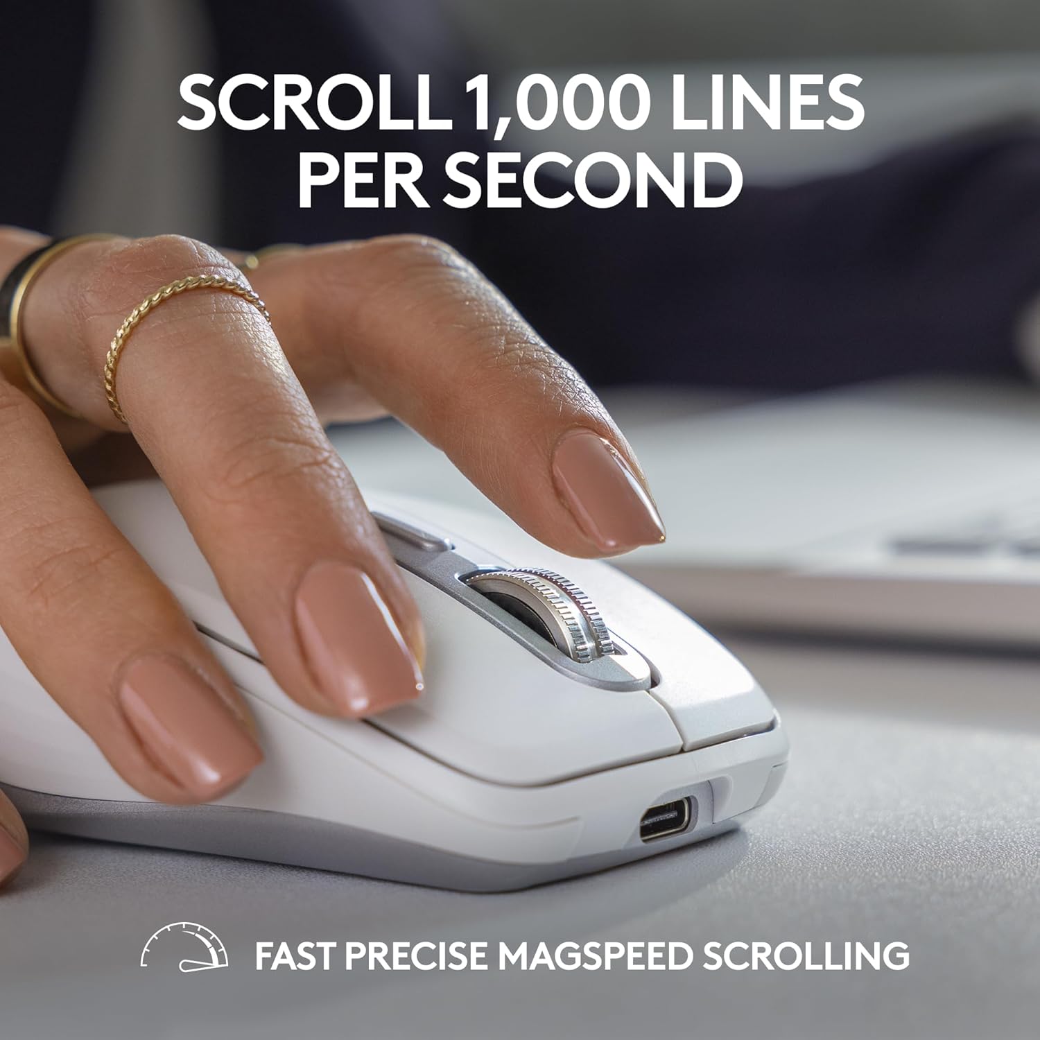 Hand using a white computer mouse with text about fast precise magspeed scrolling.