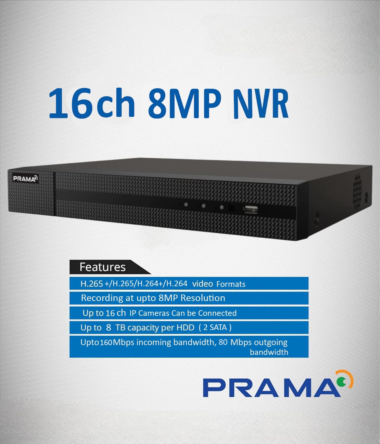 PRAMA 16-channel 8MP NVR security recorder shown on a light gray textured background with blue text and a features box below.