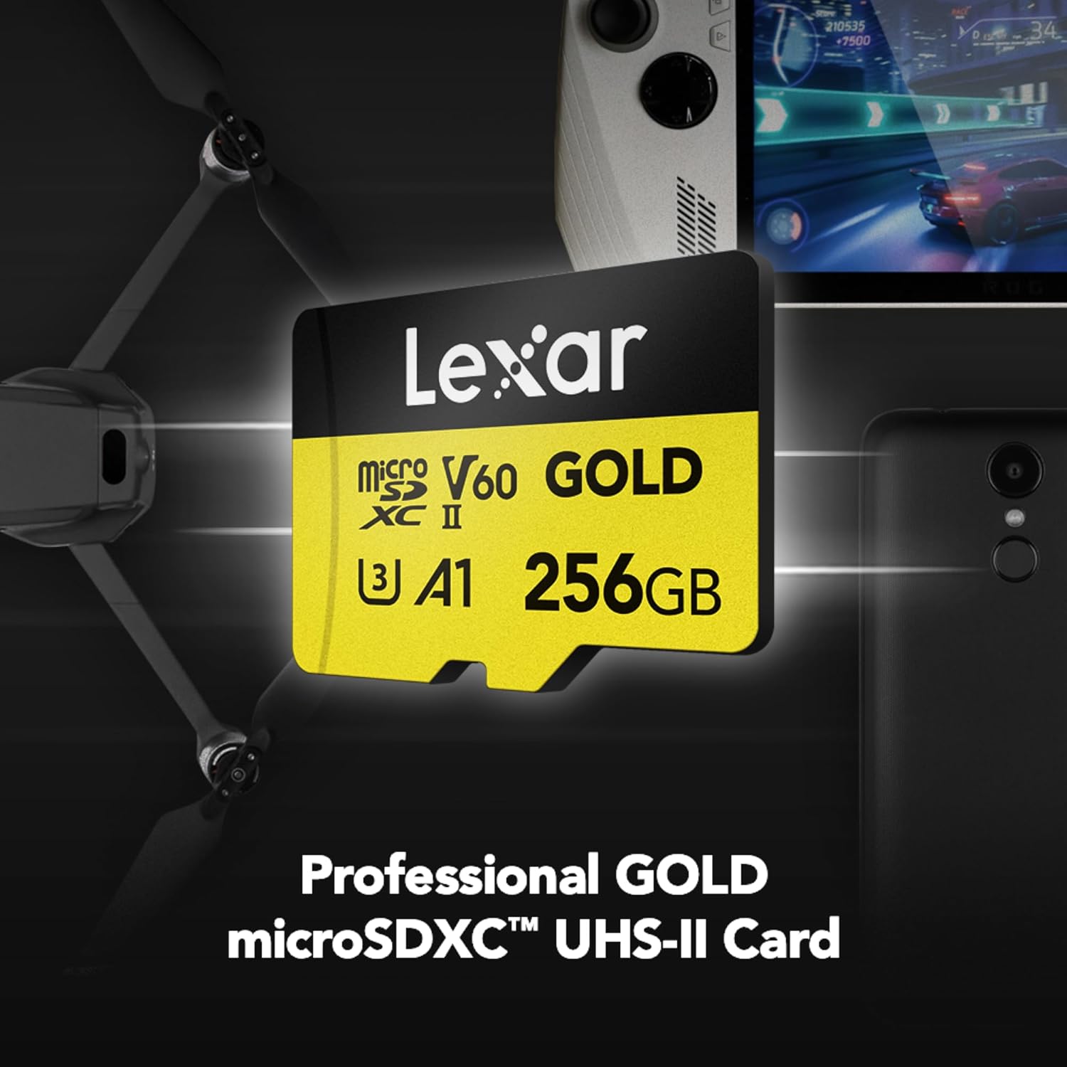 Lexar 128GB Professional Gold Micro SD Card, UHS-II, C10, U3, V60, A1, Full HD, 4K, Up to 280/100 MB/s microSDXC Memory Card, for Drones, Action Cameras, Portable Gaming Devices (LMSGOLD128G-BNNNG)