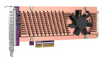 A PCI Express graphics card featuring a copper-colored heatsink, a black cooling fan, and a purple PCB with a silver metal bracket on a white background.