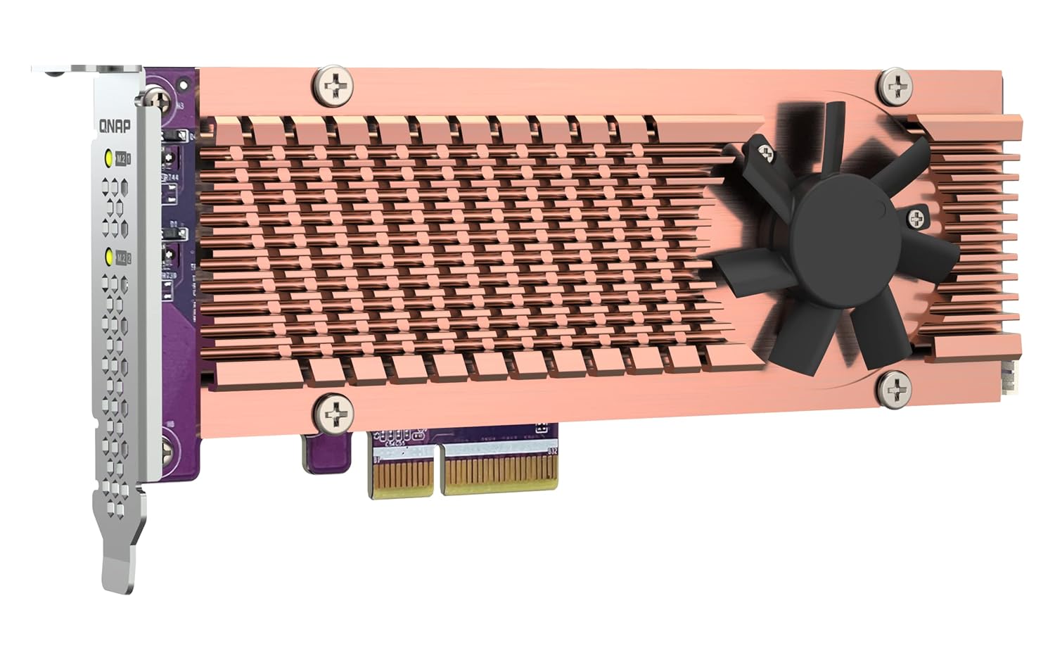 A PCI Express graphics card featuring a copper-colored heatsink, a black cooling fan, and a purple PCB with a silver metal bracket on a white background.