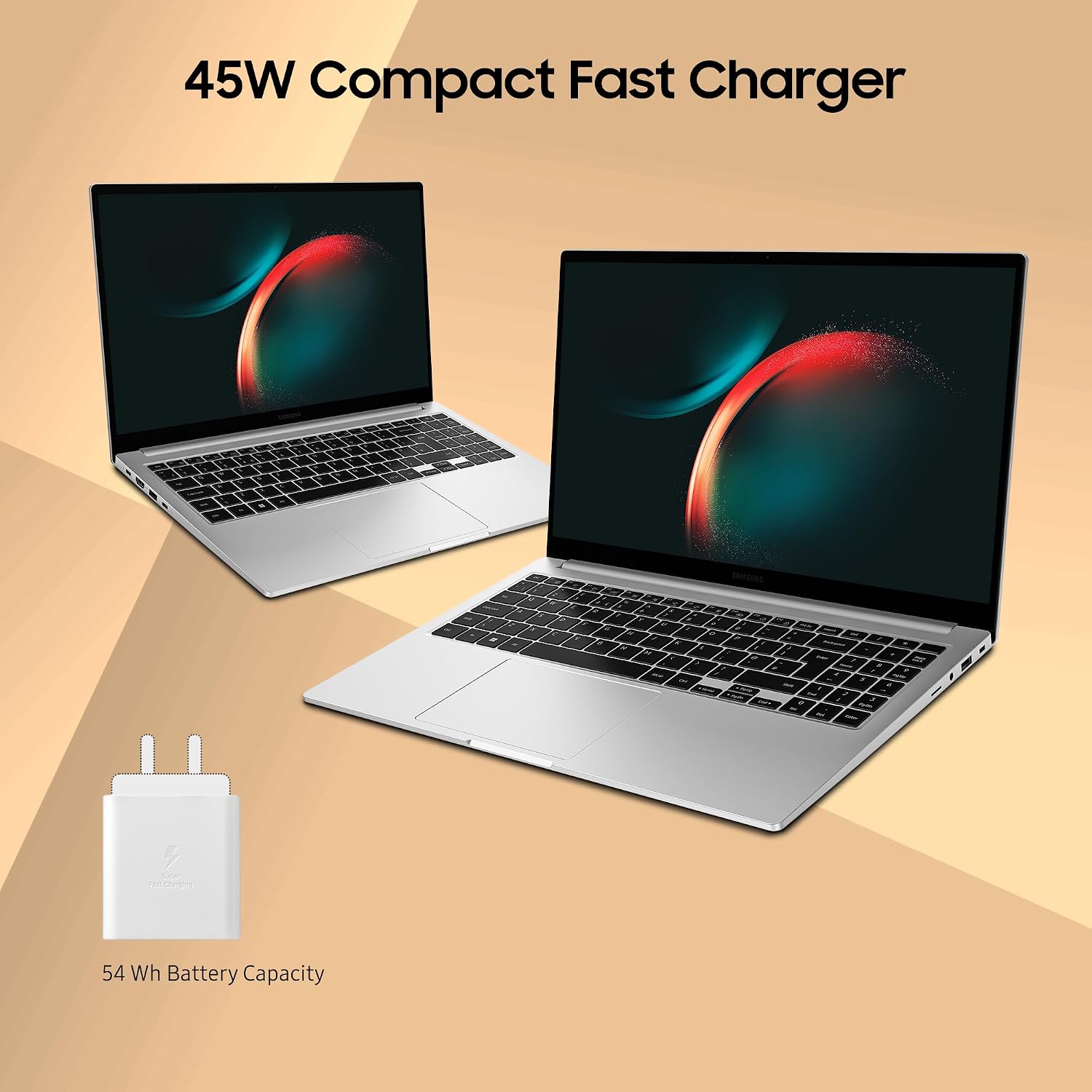 Two laptops with a 45W compact fast charger on a beige background