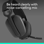 Black gaming headset with text 'Be heard clearly with noise-cancelling mic' on a gray background