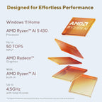 Promotional graphic for an AMD Ryzen AI processor featuring floating orange AMD Ryzen AI chips and text highlighting Windows 11 Home, AMD Ryzen AI 5 4330 processor, up to 50 TOPS NPU, AMD Radeon Graphics, and up to 4.5GHz with total 4 cores on a light blue background.