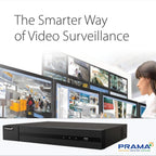 PRAMA video surveillance NVR box shown in front of a conceptual scene with multiple monitor screens and a woman, under the headline 'The Smarter Way of Video Surveillance'.