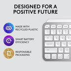 A promotional graphic for a wireless keyboard on a light gray background. The right side shows part of a silver and white keyboard, while the left side lists marketing claims with icons: 'Made with Recycled Plastic,' 'Smart Battery Efficiency,' and 'Responsible Packaging.