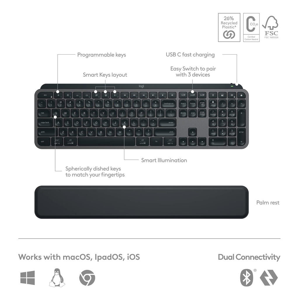 Logitech Master Series MX Keys S Wireless Keyboard and Mouse Combo with Palm Rest
