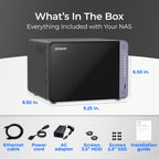 QNAP NAS device with included items listed on a gray background