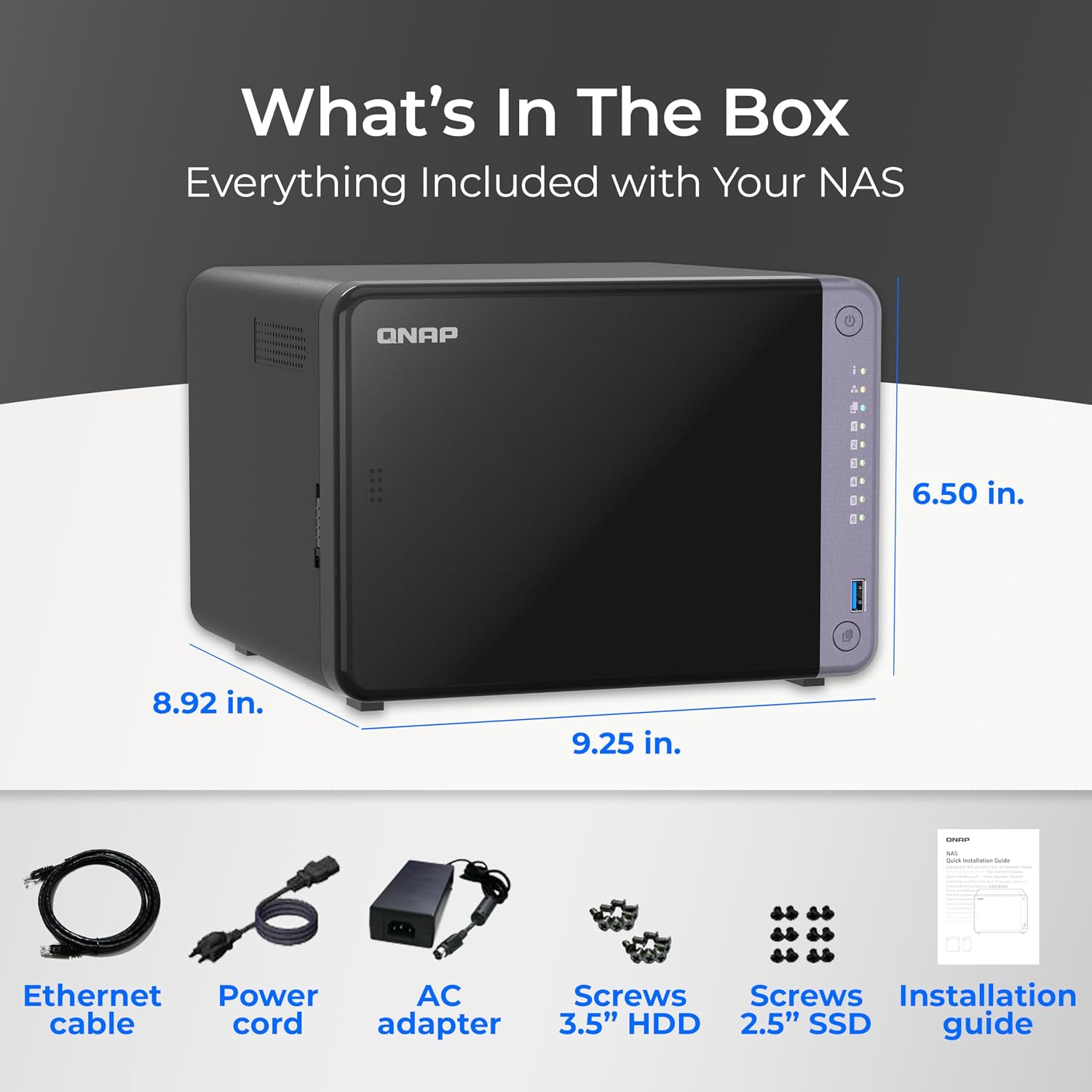 QNAP NAS device with included items listed on a gray background