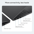 A product feature diagram showing a dark gray laptop with callout lines and text labels pointing to ports and connectors, including USB 3.2 Type-A Gen 1, USB 3.