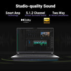 A laptop centered on a dark studio background with promotional text above it. The laptop screen shows audio software, and the text highlights features such as Smart Amp Technology, 5.