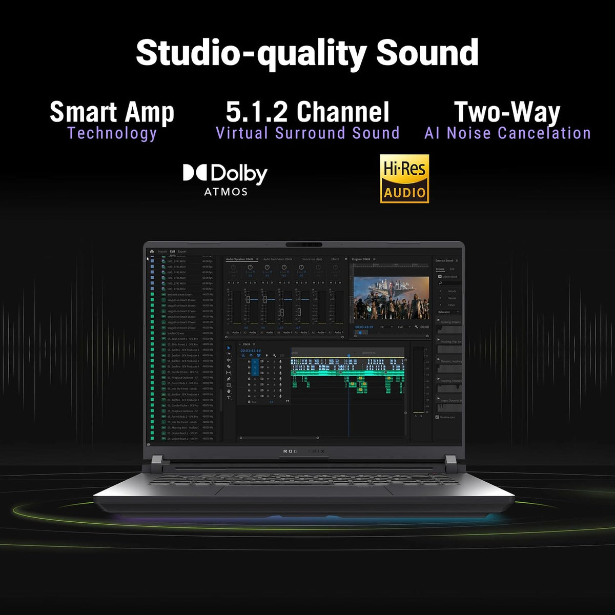 A laptop centered on a dark studio background with promotional text above it. The laptop screen shows audio software, and the text highlights features such as Smart Amp Technology, 5.