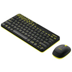 Black and yellow Logitech keyboard and mouse set on a white background