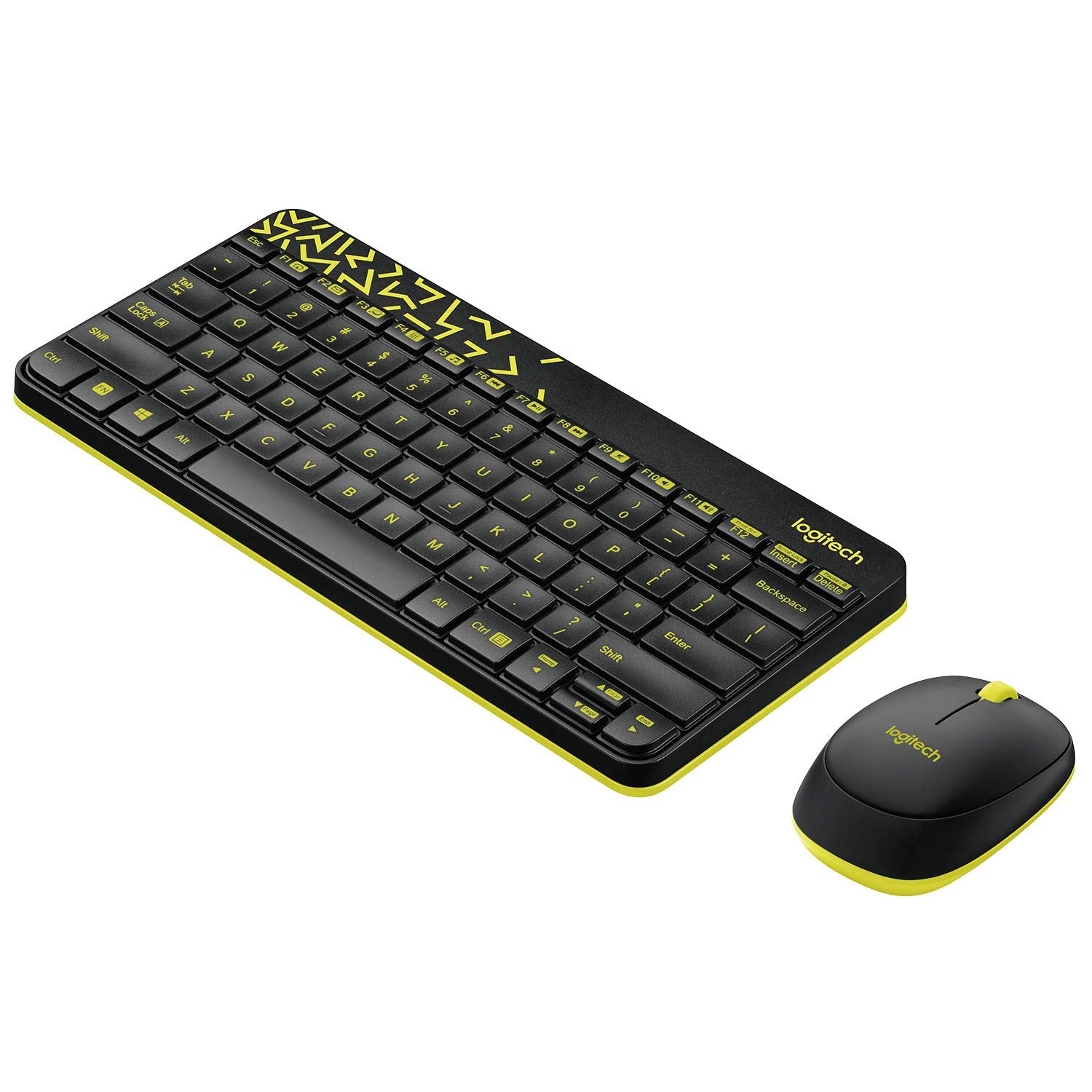 Black and yellow Logitech keyboard and mouse set on a white background