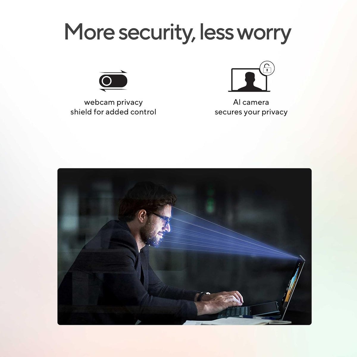 Promotional graphic for a privacy screen or camera privacy accessory, featuring the text 'More security, less worry' and icons for 'webcam privacy shield for added control' and 'AI camera secures your privacy.' Below, a man is shown sitting at a desk using a laptop with blue projected light beams emanating from the screen area, set against a light gradient background.